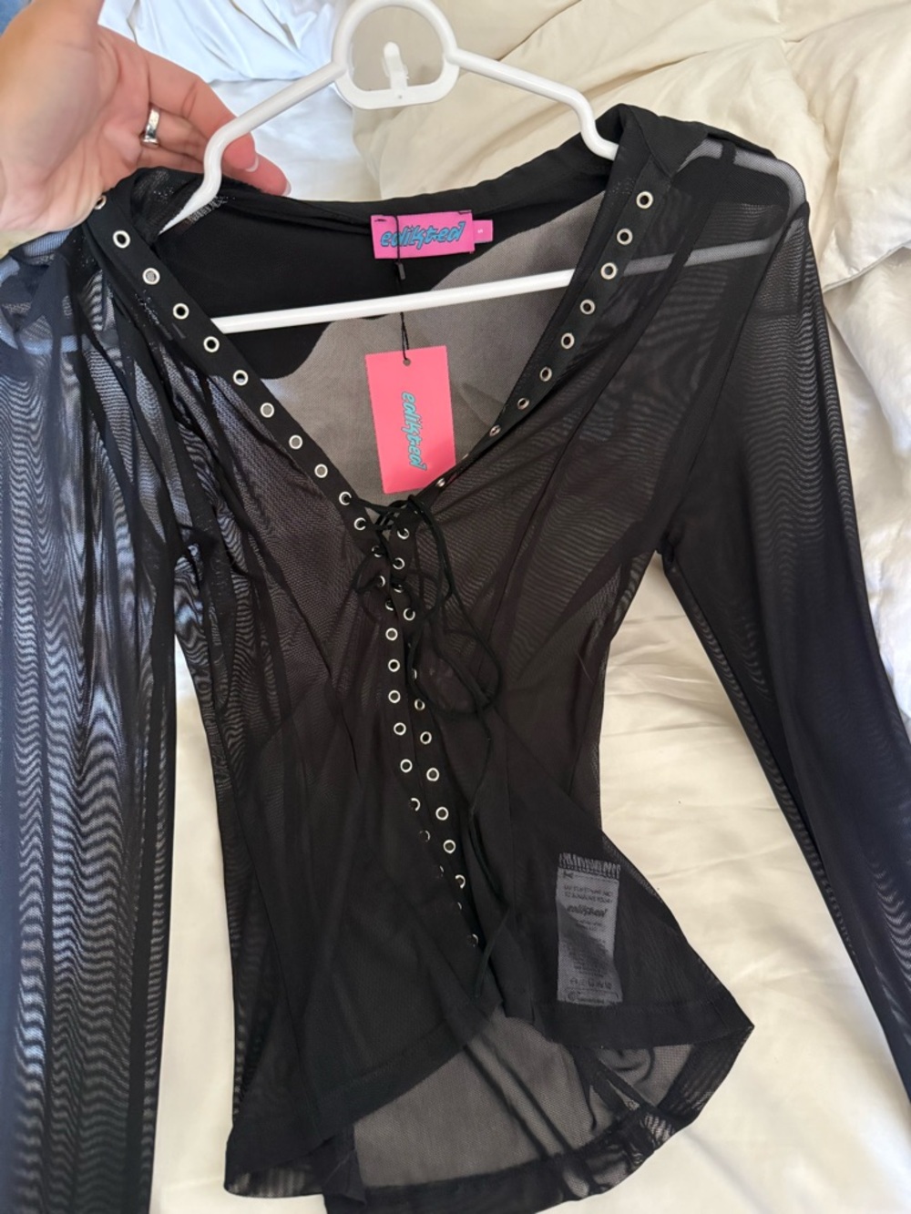 Edikted Black Long-Sleeve Lace-Up Mesh Top